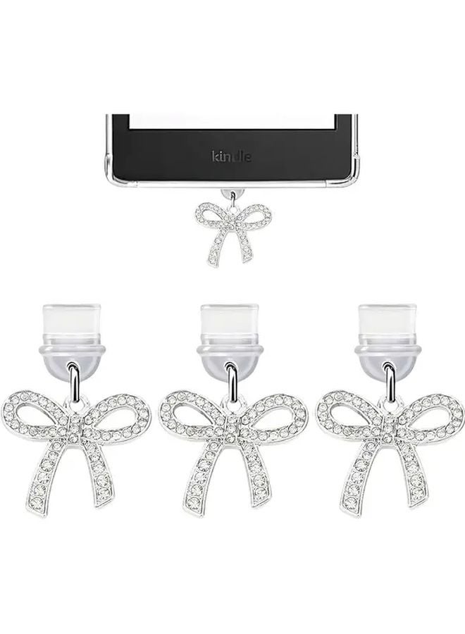 3 Pcs Silver Bow USB C Dust Plug Charm For iPhone Kindle E Readers Tablets - Image 3